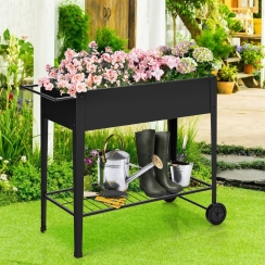 Costway 38 Inch Metal Rolling Elevated Garden Planter Box with Shelf