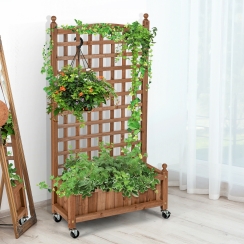 Costway 25 Inch Rolling Wooden Raised Planter Box with Trellis