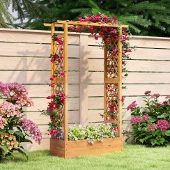 Costway 43 Inch Wood Raised Garden Bed with Lattice Trellis and Hanging Ladder