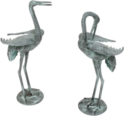 Preening Crane Garden Statue Pair