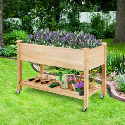 Costway 4 x 2 Foot Elevated Wooden Planter Bed with Locking Wheels and Liner