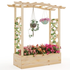 Costway 33 Inch Pine Wood Raised Planter Box with Trellis Sides and Hanging Roof