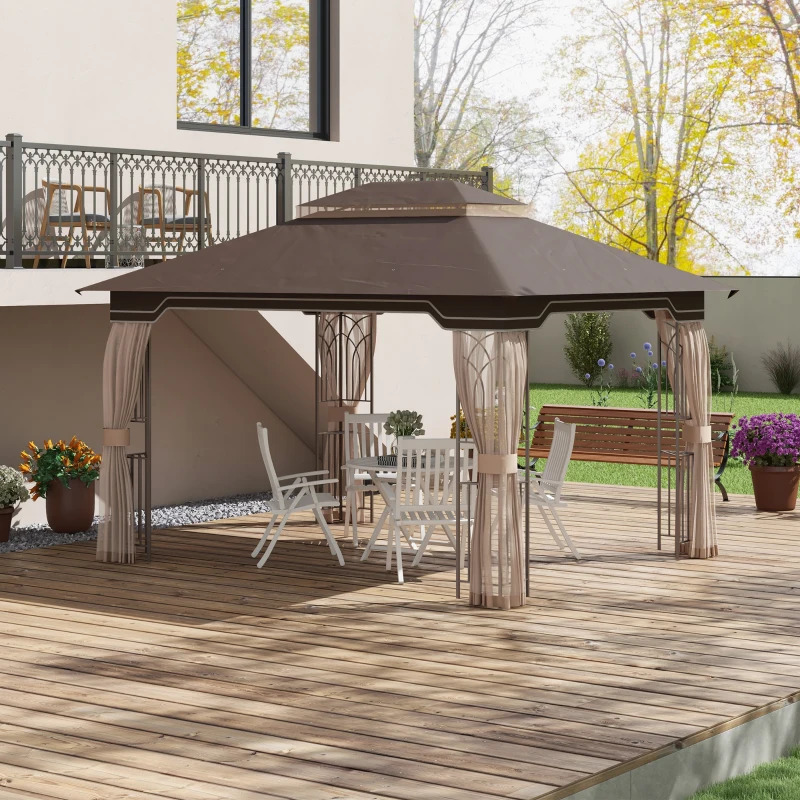 Outsunny 10 x 12 Foot Patio Gazebo with Double Tier Roof and Netting