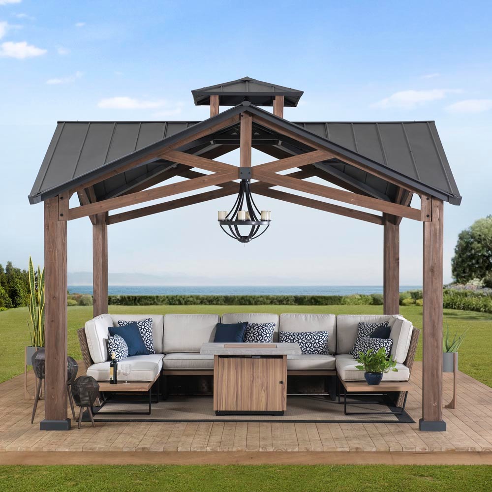 Sunjoy 13 Foot Square Bella Cedar and Steel Hardtop Gazebo