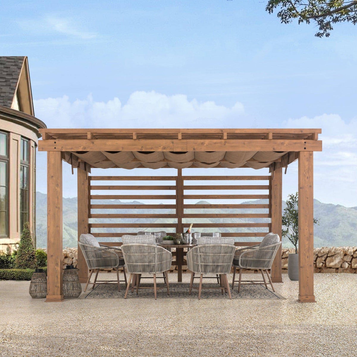 Sunjoy 13 x 11 Foot Woodlynne Aluminum Pergola with Retractable Sling Canopy