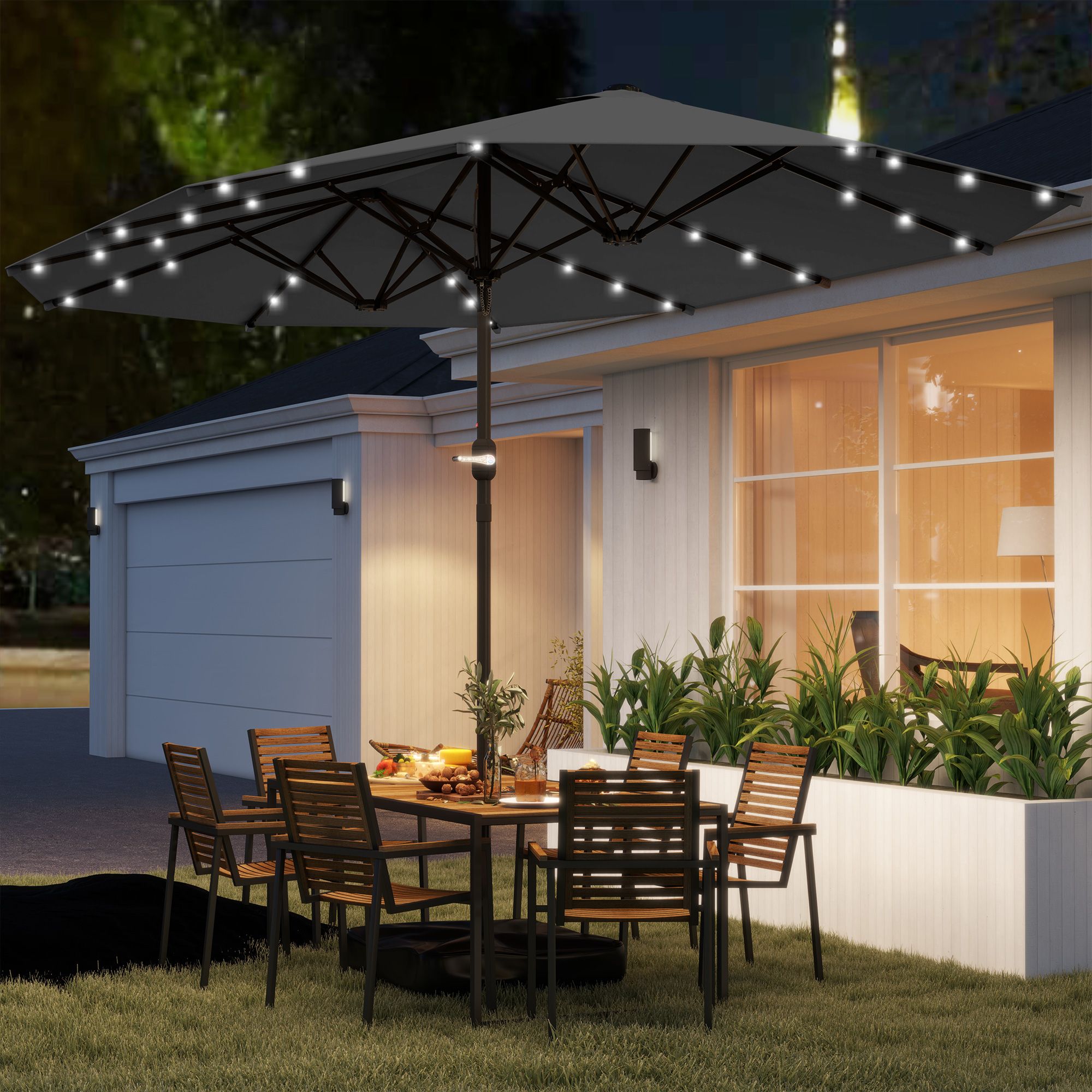 Outsunny 14 2/5 Foot Double Sided Solar LED Umbrella with Base
