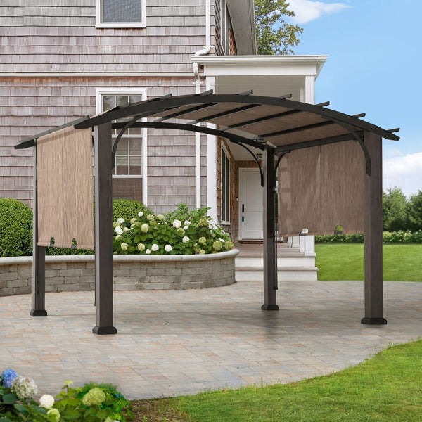 Sunjoy 10 x 12 Foot Dylon Curved Roof Wood-Look Steel Pergola with Adjustable Shade