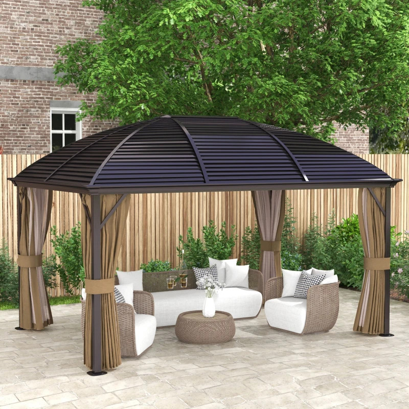 Outsunny 14 x 10 Foot Brown 097V01 Dome Hardtop Gazebo with Curtains