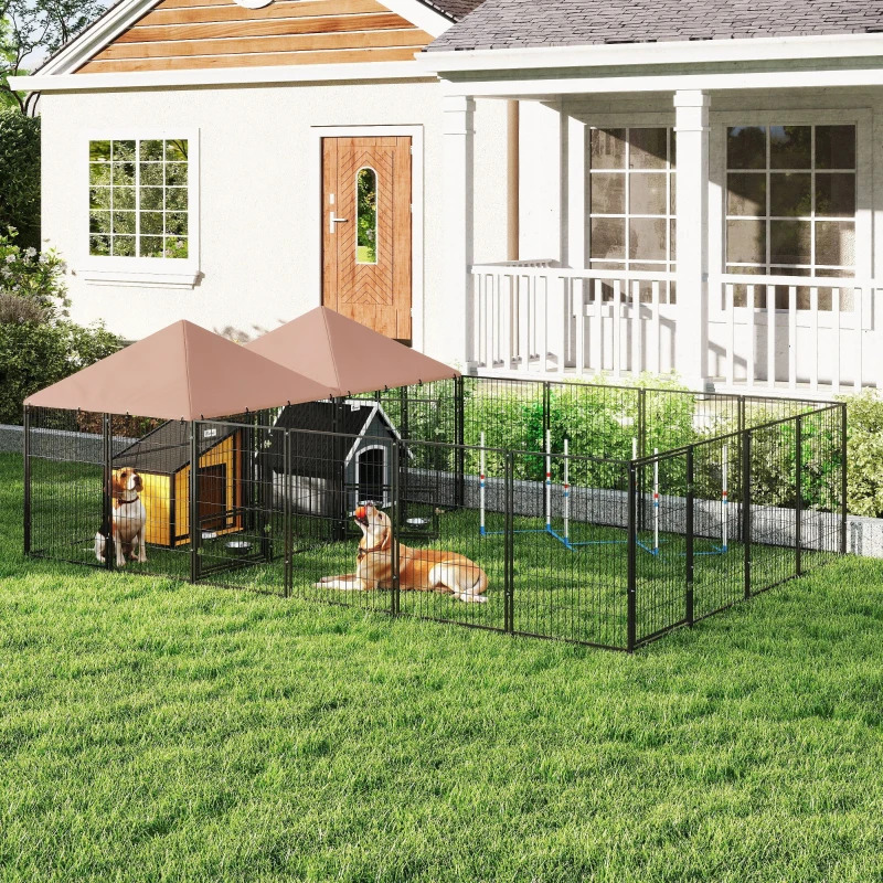 PawHut 14 x 9 1/2 Foot Two-Room Outdoor Dog Kennel with Rotating Bowl Holder