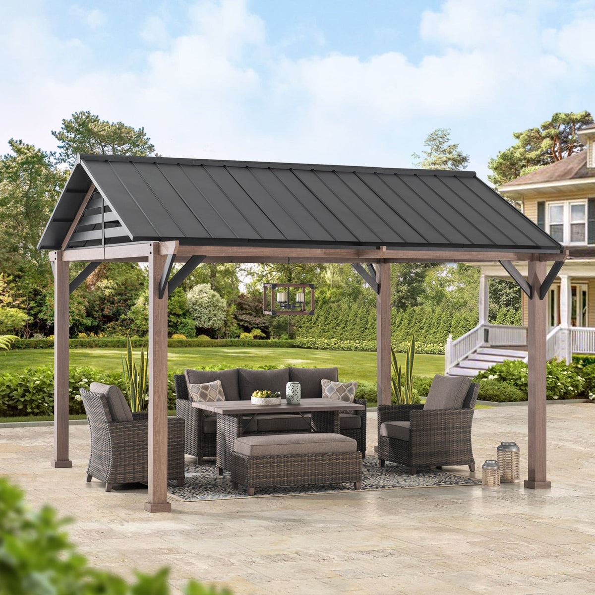 Sunjoy 13 Foot Square Kinzie Hardtop Pergola Awning Gazebo