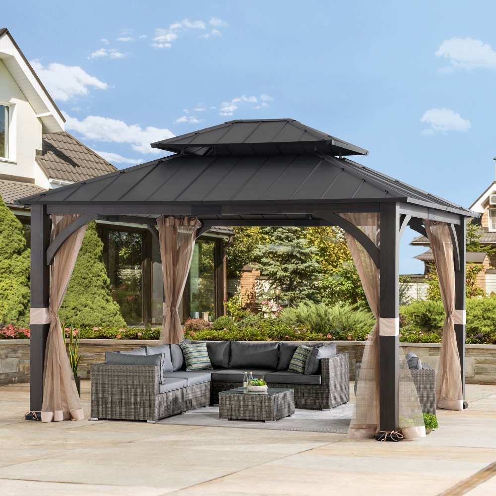 Sunjoy 13 x 15 Foot Churchill Hardtop Steel Gazebo with Netting and Woodgrain Finish