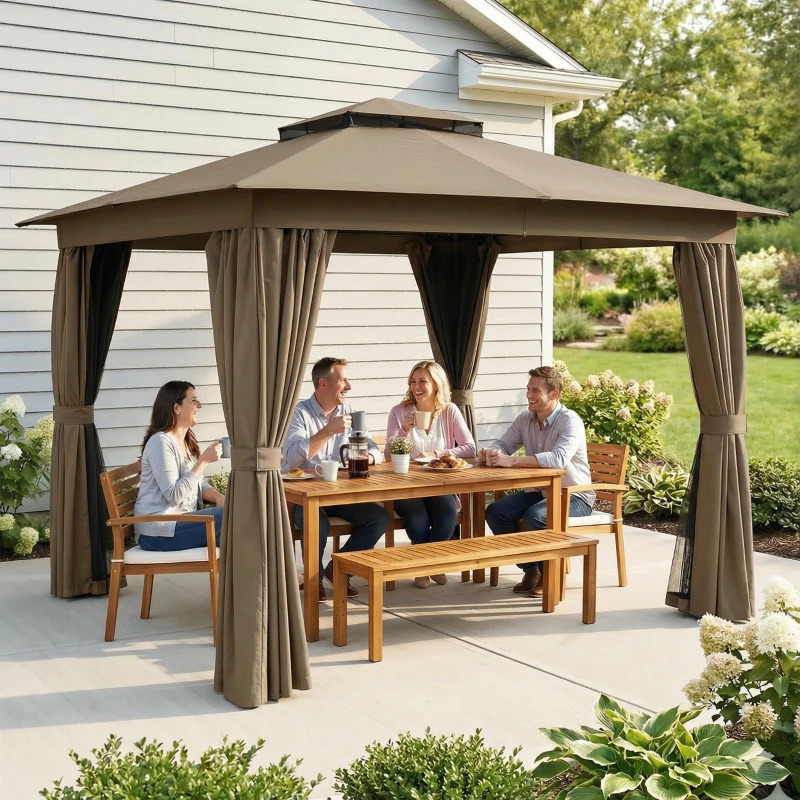 Outsunny 10 x 10 Foot Soft Top Outdoor Patio Gazebo with Curtains