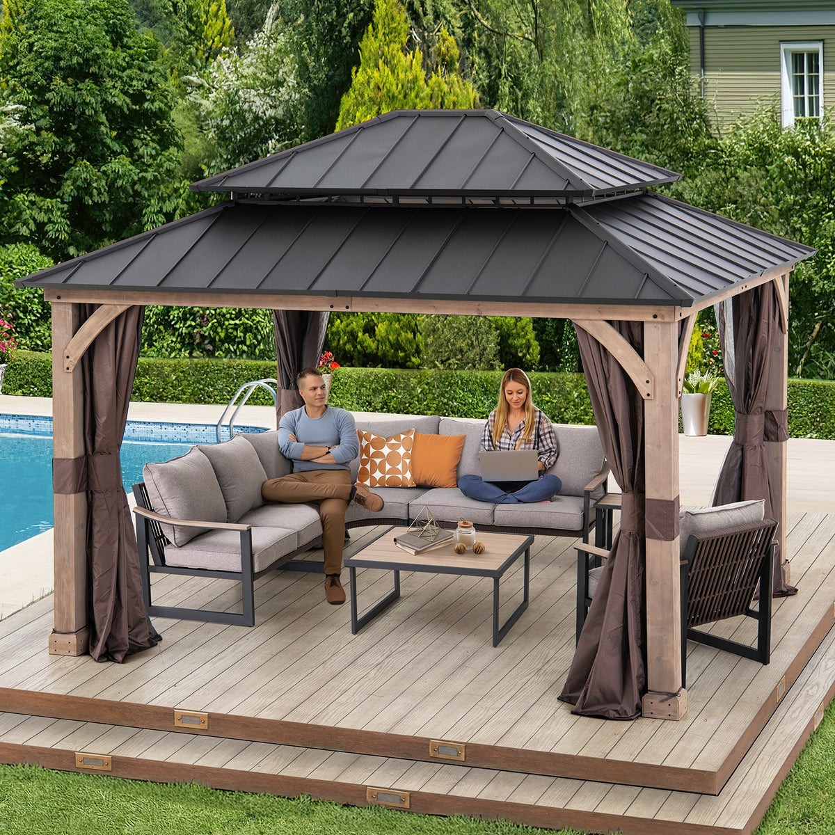 Sunjoy 11 x 13 Foot San Marino Steel and Cedar Hardtop Gazebo