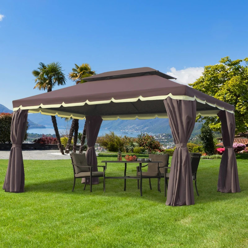Outsunny 10 x 13 Foot Aluminum Double-Roof Gazebo with Coffee Curtain Walls and Netting
