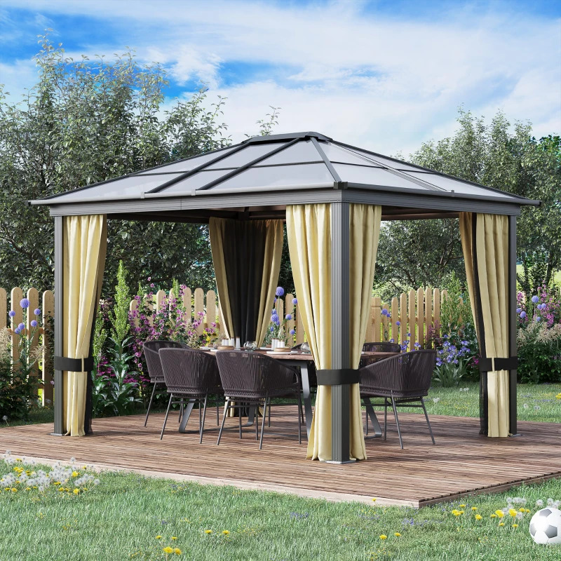 Outsunny 10 x 12 Foot Polycarbonate Hardtop Gazebo with Beige Curtain Walls and Netting