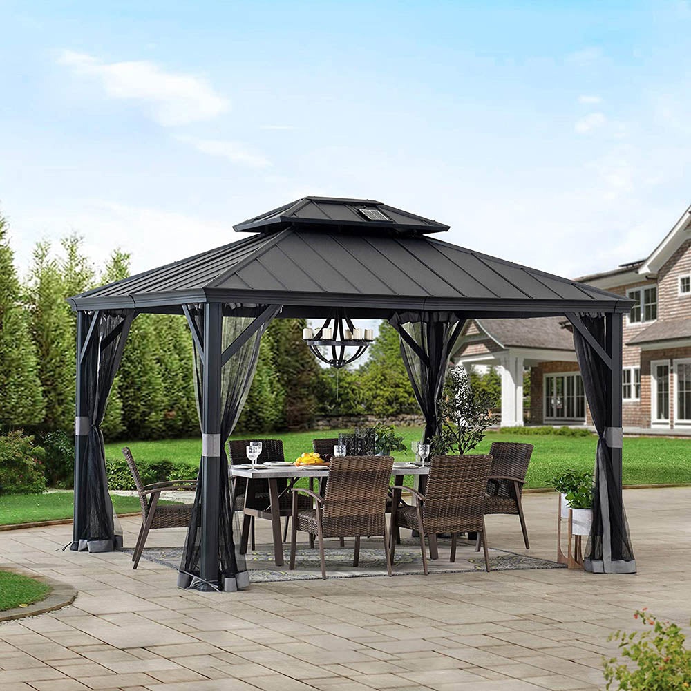 Sunjoy 10 x 12 Foot Merston Two-Tier Aluminum Gazebo with Solar Panel