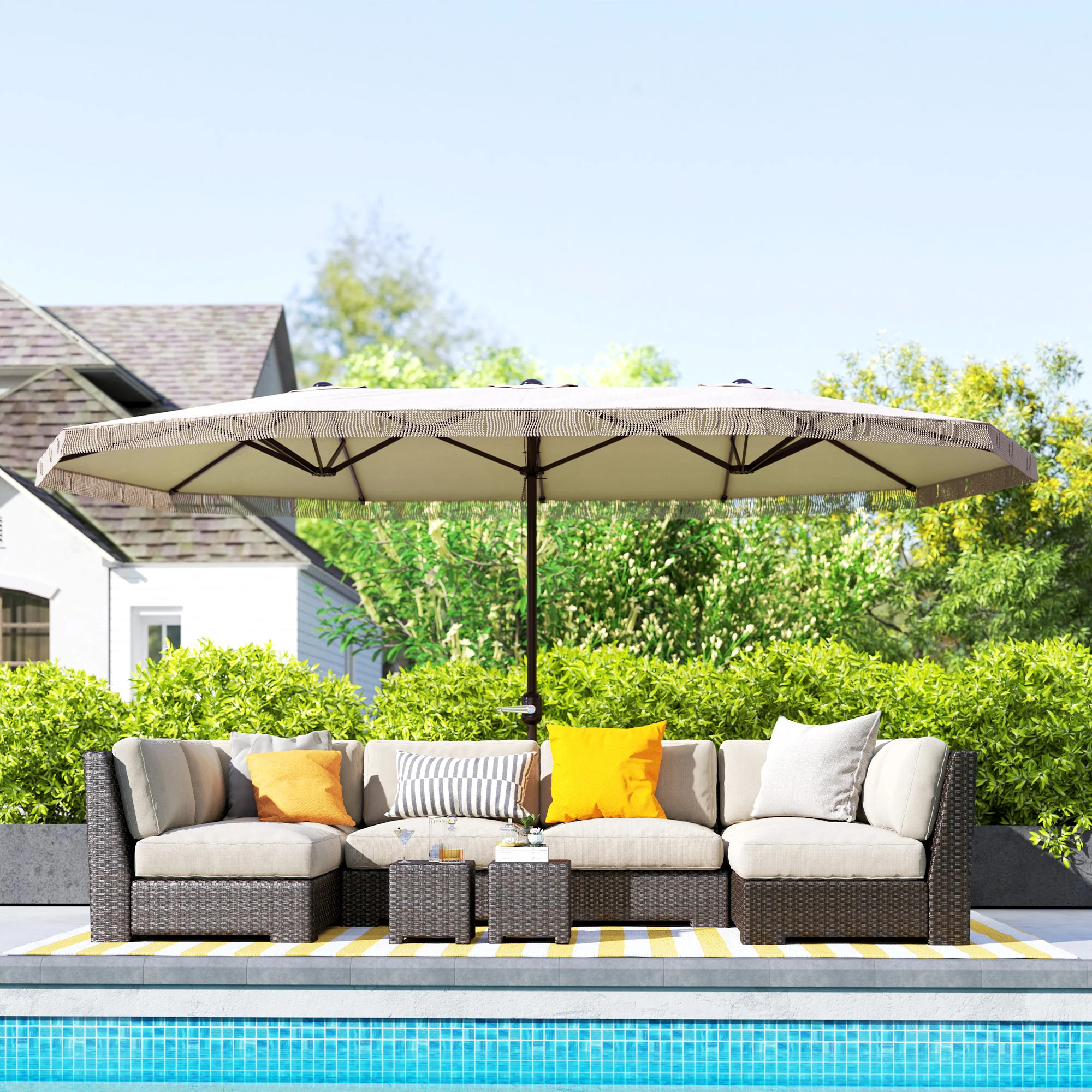 Outsunny 15 Foot Rectangle Patio Umbrella with Fringe and Crank Handle