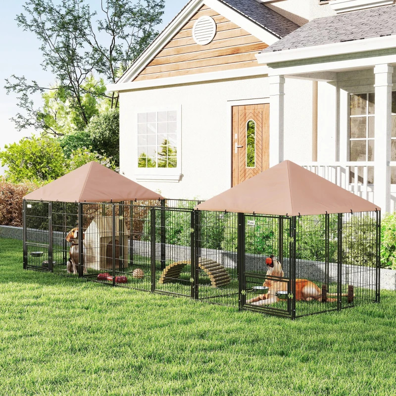 PawHut 16 x 5 Foot Two-Room Outdoor Dog Kennel with Rotating Bowl Holder