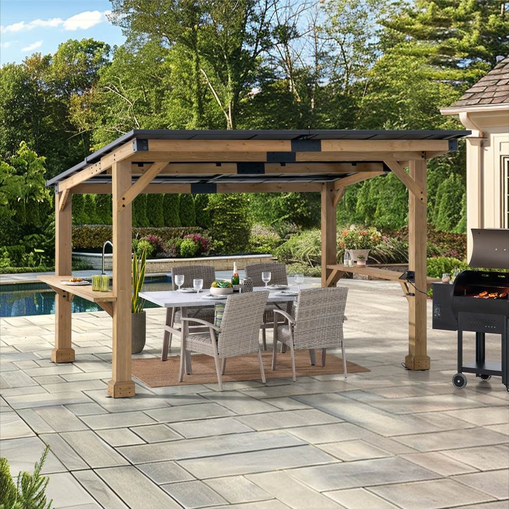 Sunjoy 10 x 12 Foot Garber Slant Roof Cedar and Steel Bar Shelf Gazebo