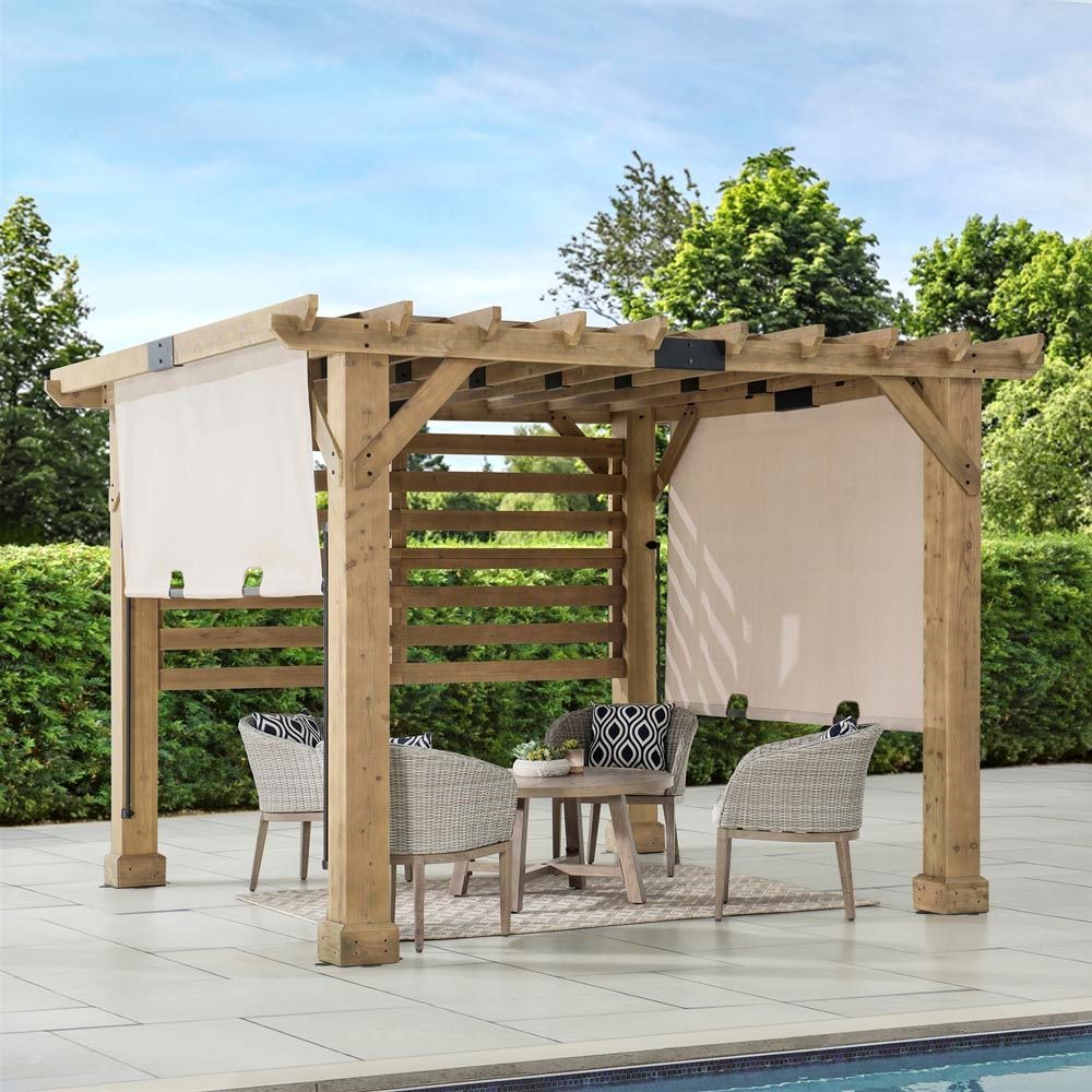 Sunjoy 10 x 11 Foot Cedar Hot Tub Pergola with Privacy Slats and Adjustable Shade