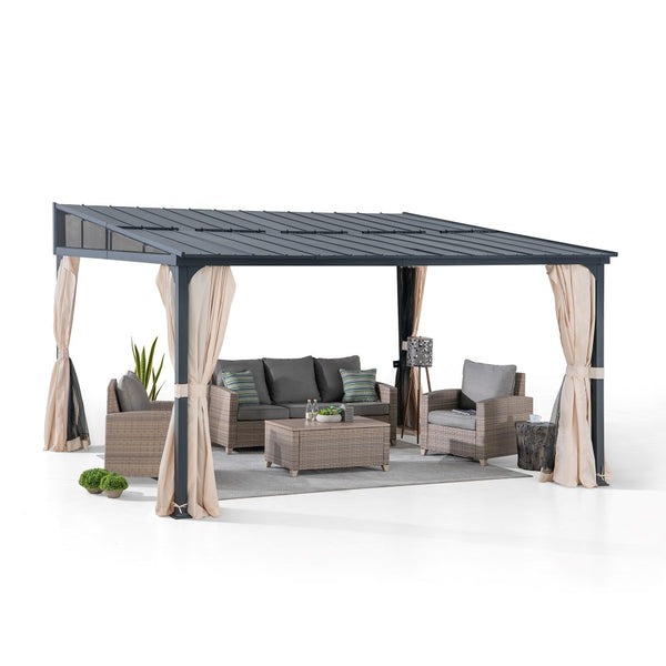 Sunjoy 12 x 14 Foot Wall-Mounted Lean-To Gazebo with Curtains and Netting