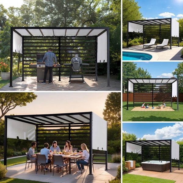 Sunjoy 10 x 12 Foot Modern Pergola Kit with Adjustable Shade and Privacy Wall