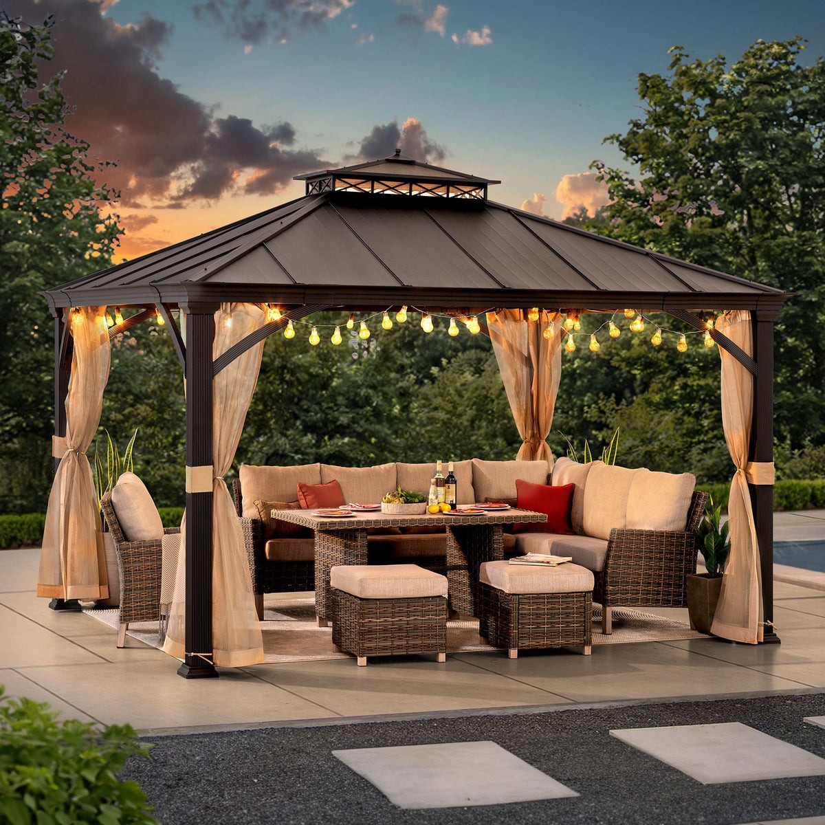 Sunjoy All-Season Metal Hardtop Gazebo with Privacy Netting