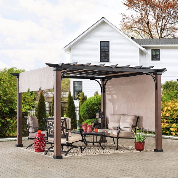 Sunjoy 11 x 11 Foot Classic Wood-Look Steel Pergola with Adjustable Shade