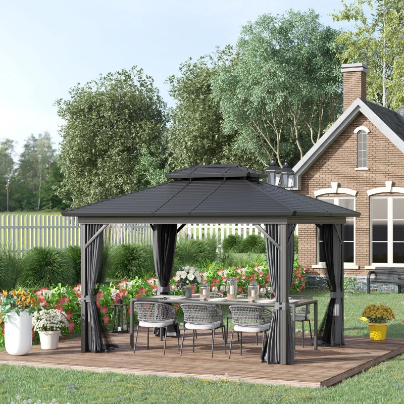 Outsunny 10 x 12 Foot Hardtop Aluminum Frame Gazebo with Curtains and Netting