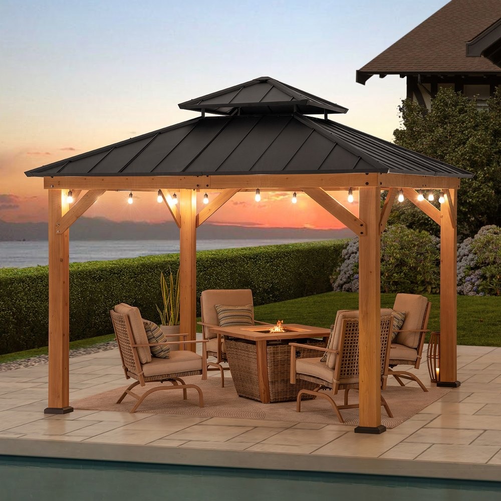 Sunjoy 11 x 11 Foot Two-Tier Hardtop Cedar Gazebo with Ceiling Hook