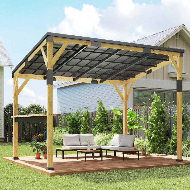 Outsunny 10 x 14 Foot Hardtop Lean-to Hardtop Pergola with Galvanized Steel Sloped Roof