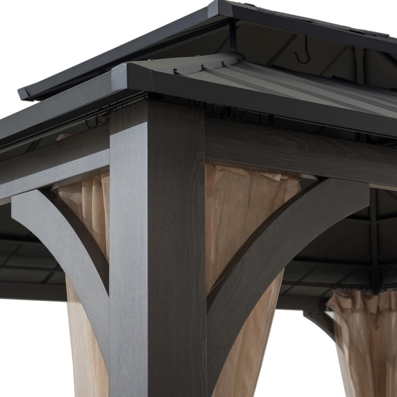 Sunjoy 13 x 15 Foot Churchill Hardtop Steel Gazebo with Netting and Woodgrain Finish
