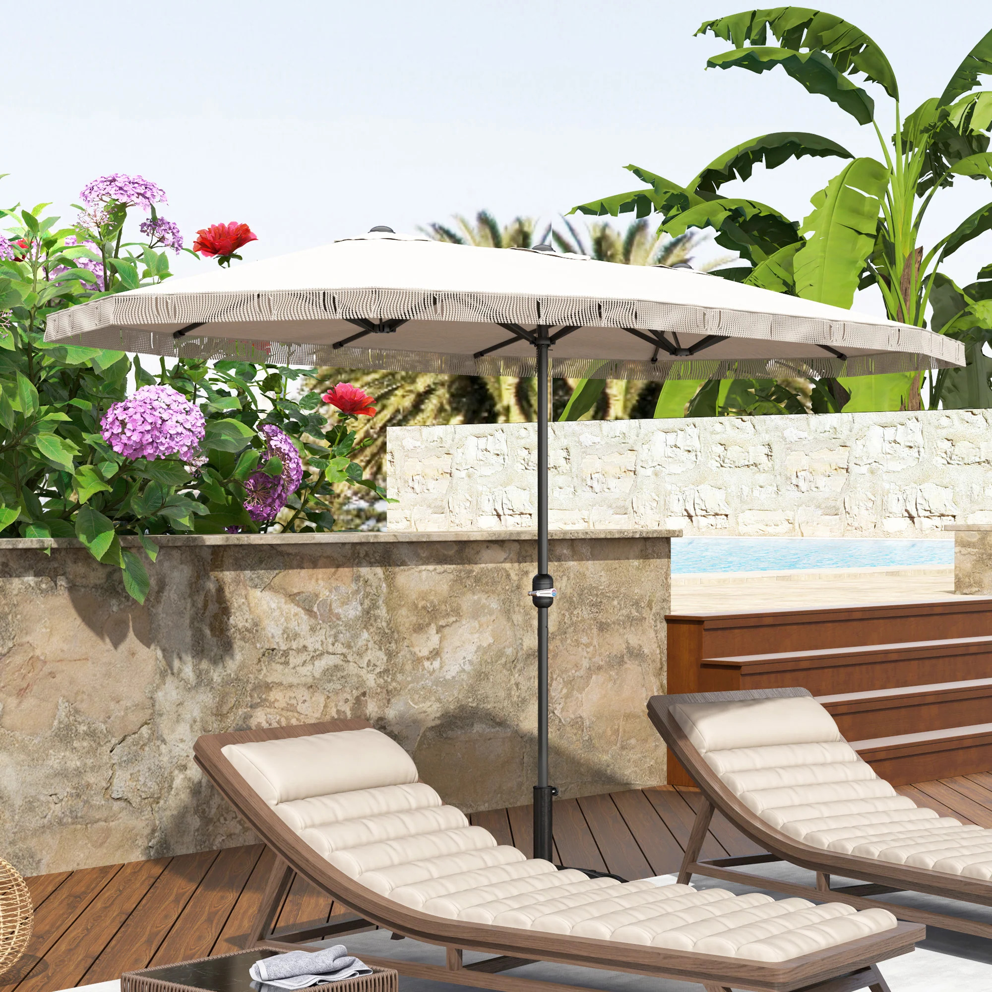 Outsunny 15 Foot Rectangle Patio Umbrella with Fringe and Crank Handle