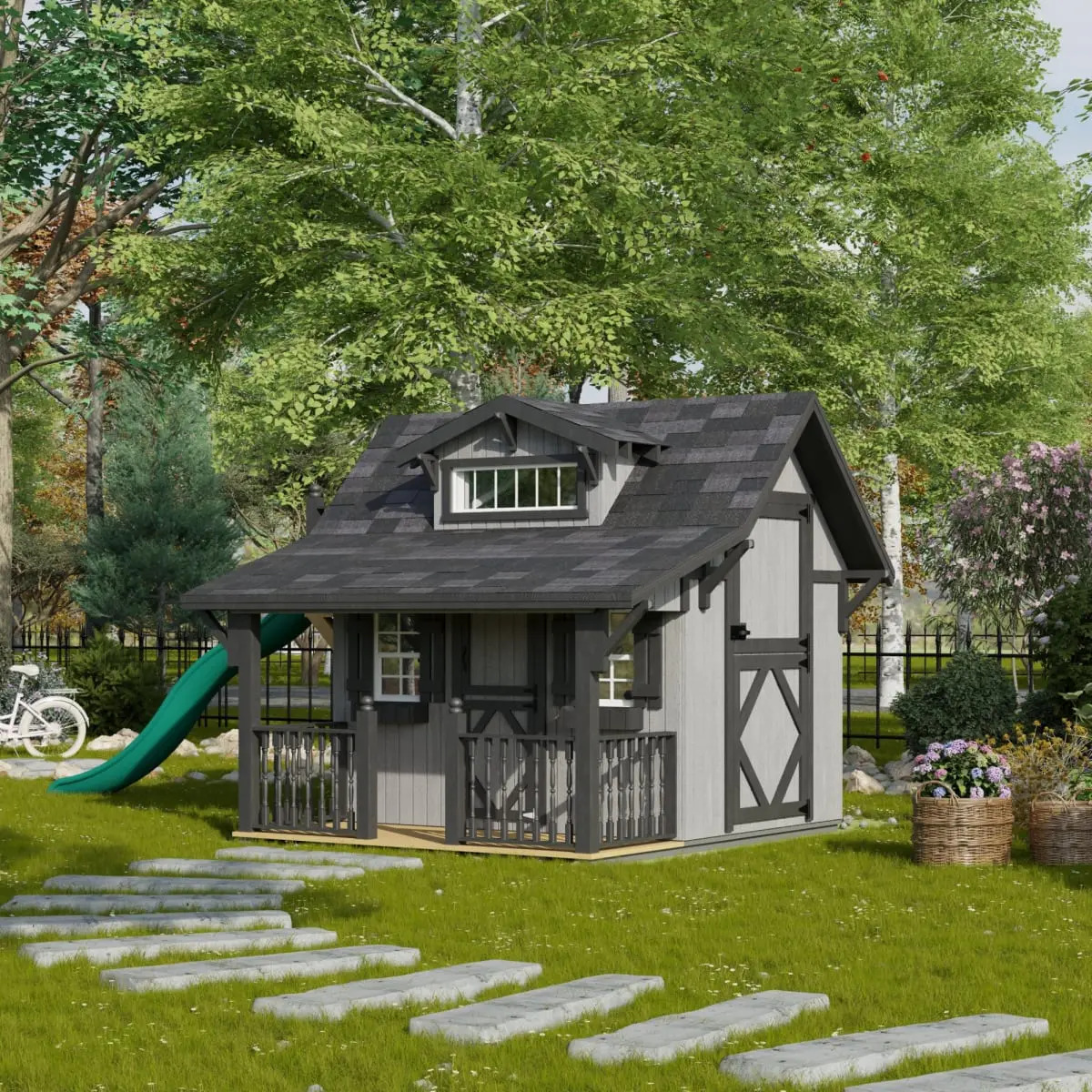 Little Cottage Co 9 x 8 Foot Craftsman Playhouse with Porch and Slide