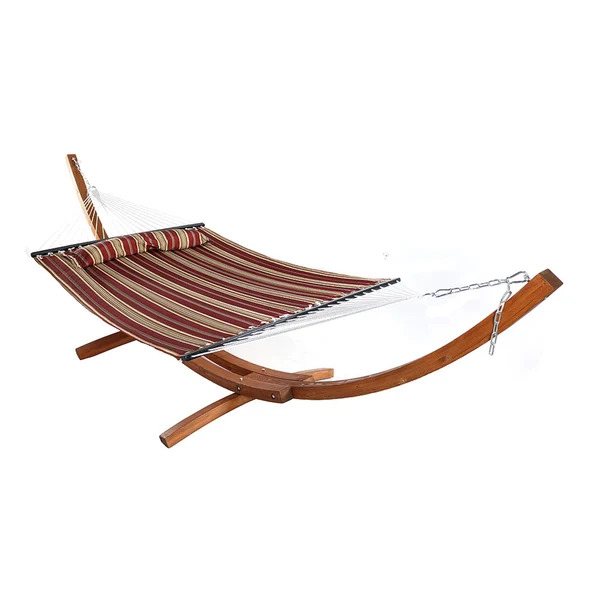 Sunnydaze Two-Person Quilted Hammock with Curved Wooden Stand