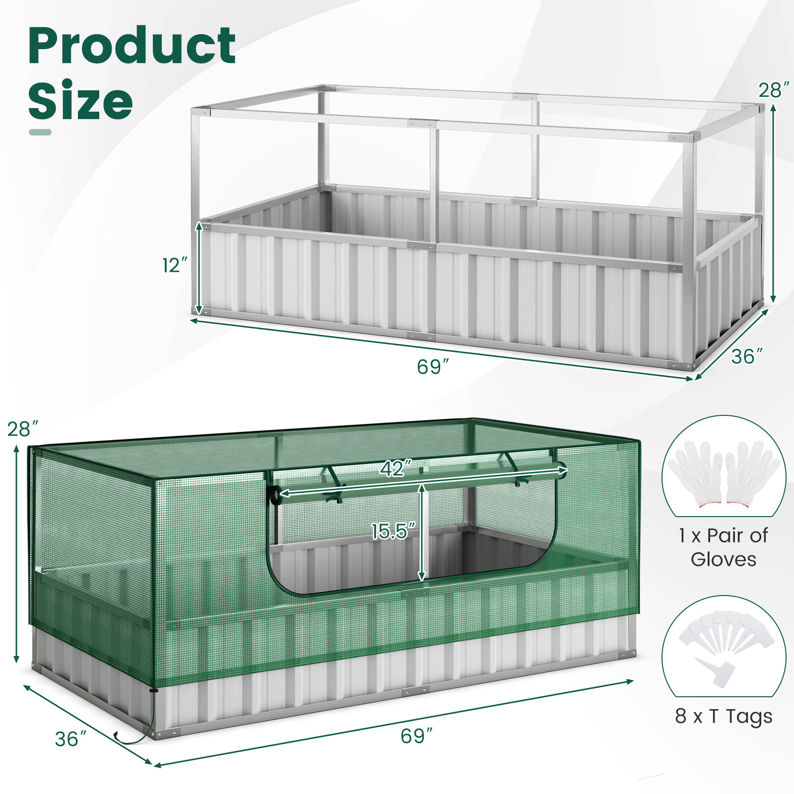 Costway 69 Inch Galvanized Raised Greenhouse Bed with Cover