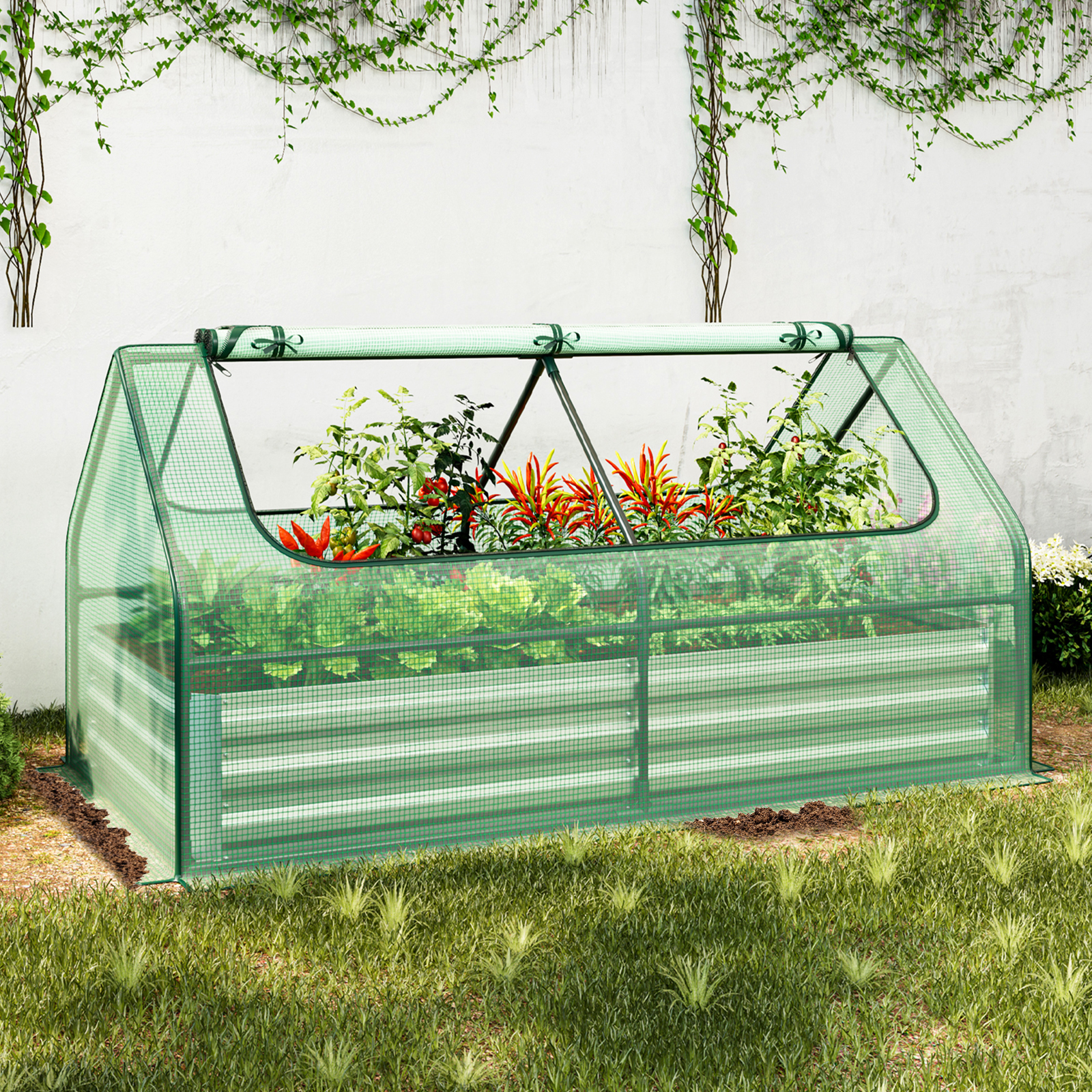 Costway 68 x 33 Inch Galvanized Raised Garden Bed with Greenhouse Cover