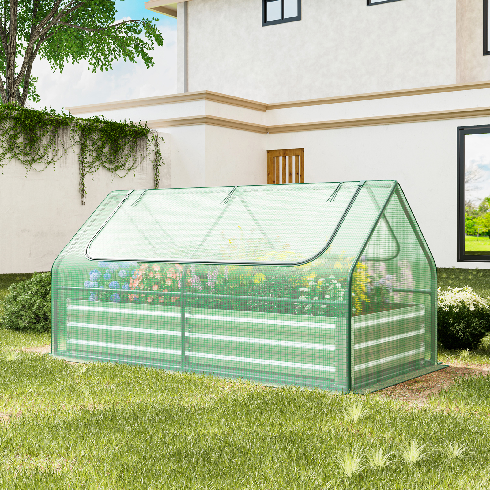 Costway 68 x 33 Inch Galvanized Raised Garden Bed with Greenhouse Cover