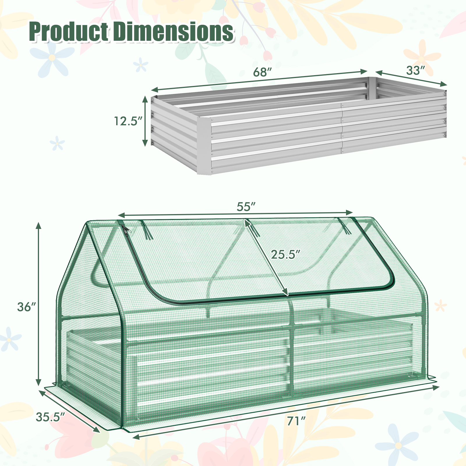 Costway 68 x 33 Inch Galvanized Raised Garden Bed with Greenhouse Cover