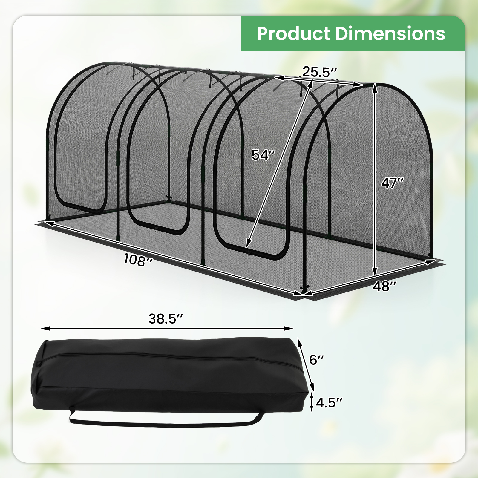 Costway 108 x 48 Inch Portable Tunnel Greenhouse with 3 Roll-Up Doors