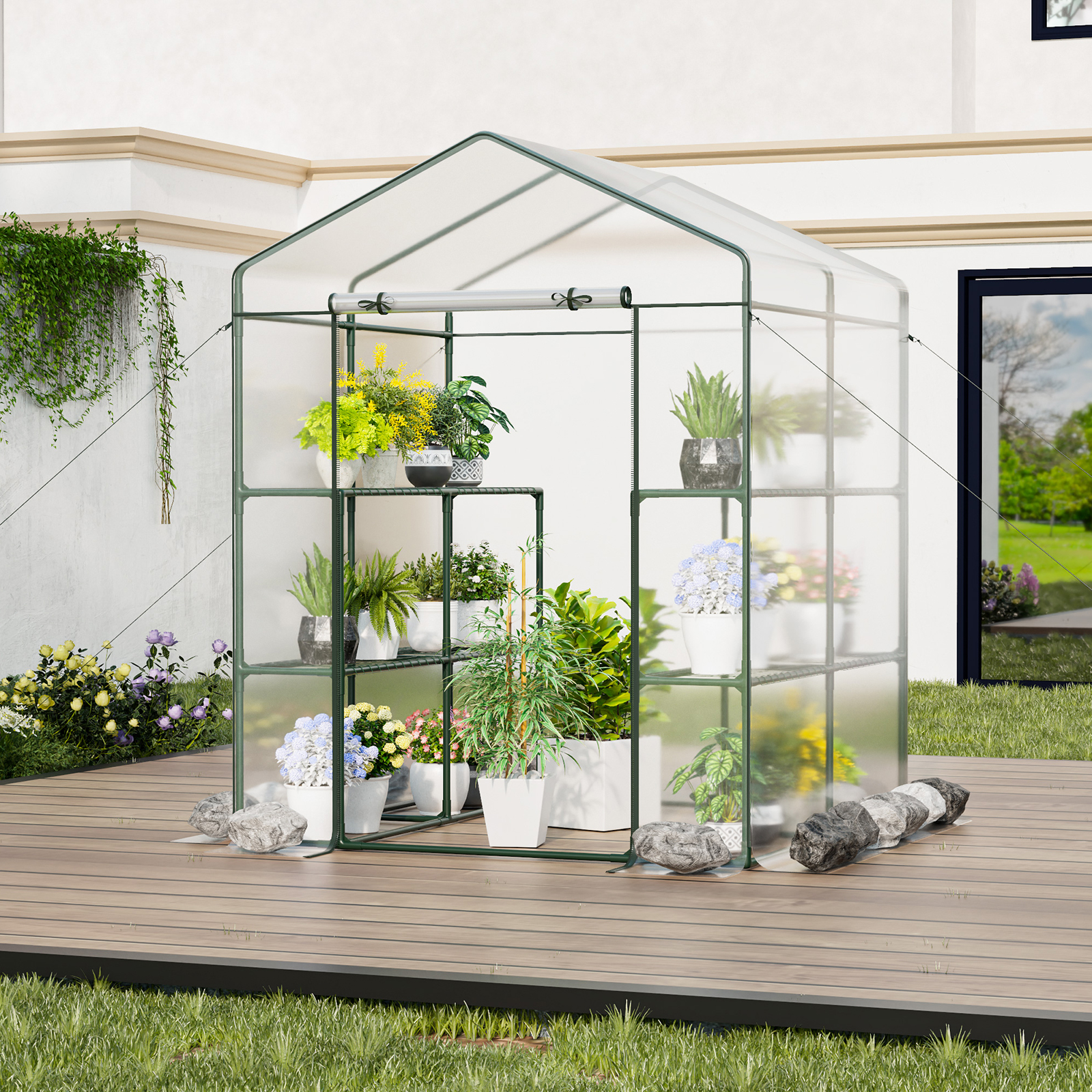 Costway 57 x 55 Inch Walk-In 3-Tier Greenhouse with Roll-Up Door