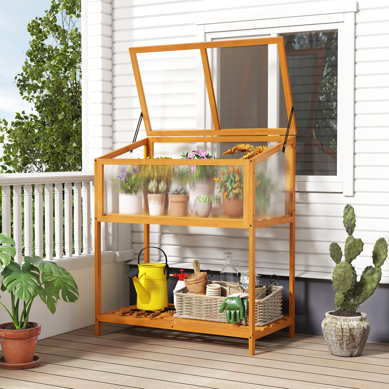 Costway 36 x 20 Inch Wood Raised Greenhouse Box with Storage Shelf