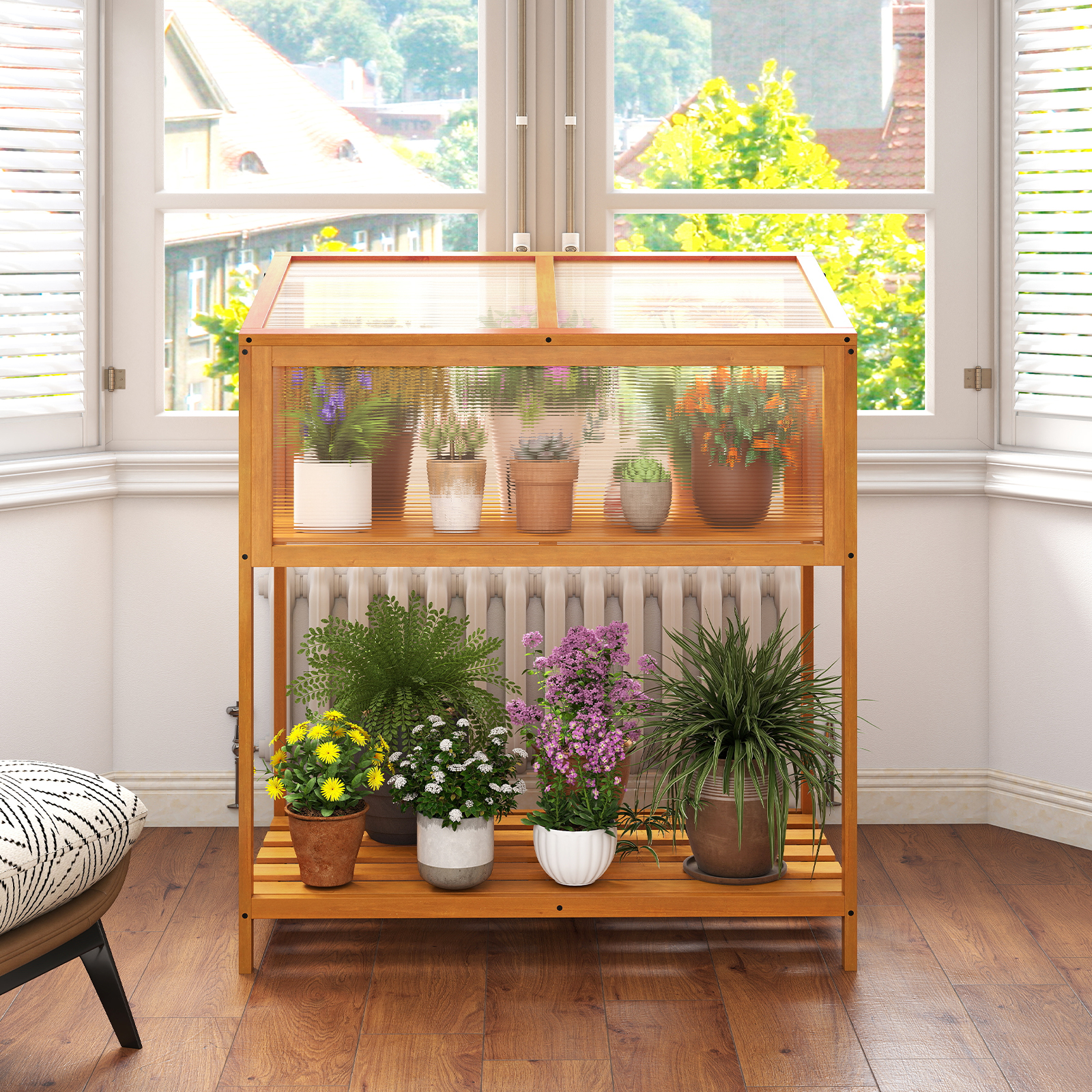 Costway 36 x 20 Inch Wood Raised Greenhouse Box with Storage Shelf