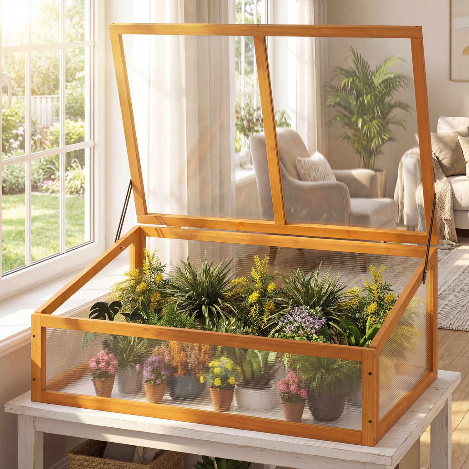 Costway 37 x 25 Inch Wood Greenhouse Box with Flip-Top Roof