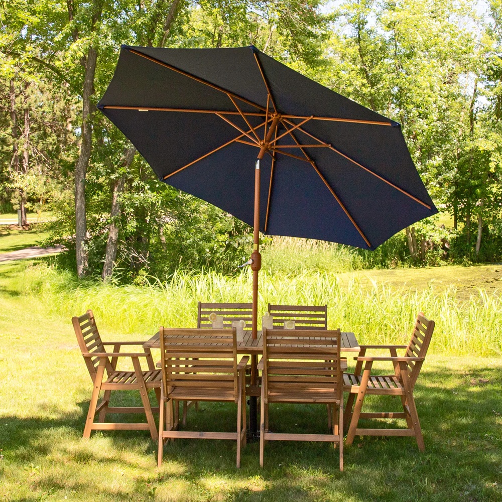 Sunnydaze 9 Foot Faux Woodgrain Crank Patio Umbrella with Solar Lights