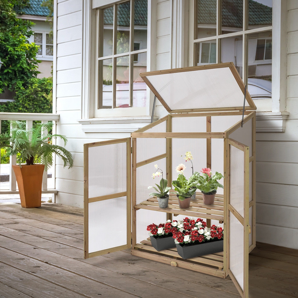Costway 30 Inch Garden Portable Wooden Greenhouse Box