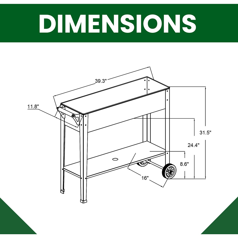 Hanover 40 Inch Mobile Galvanized Steel Raised Planter Bed Cart