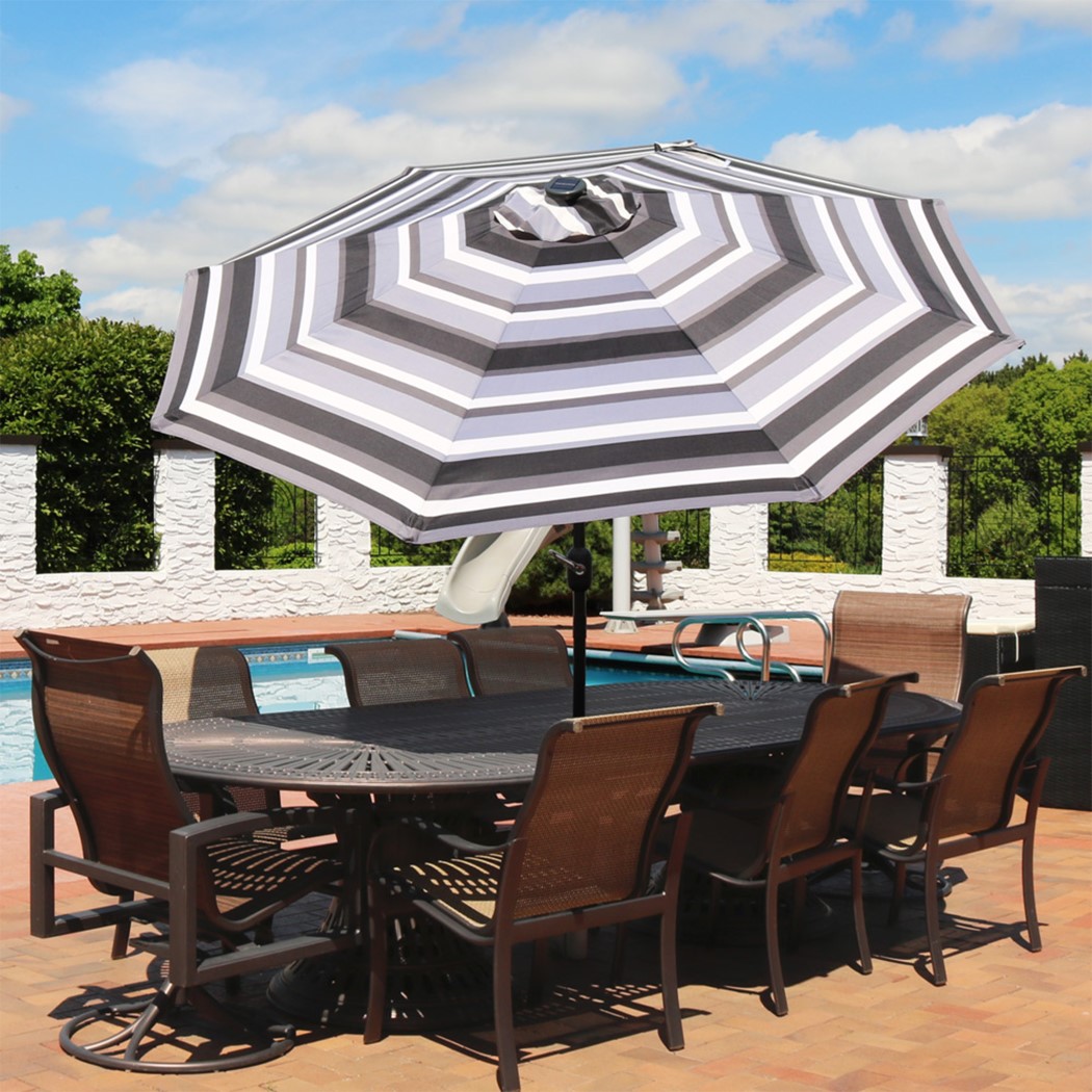 Sunnydaze 9 Foot Striped Aluminum Solar LED Tilt and Crank Patio Umbrella