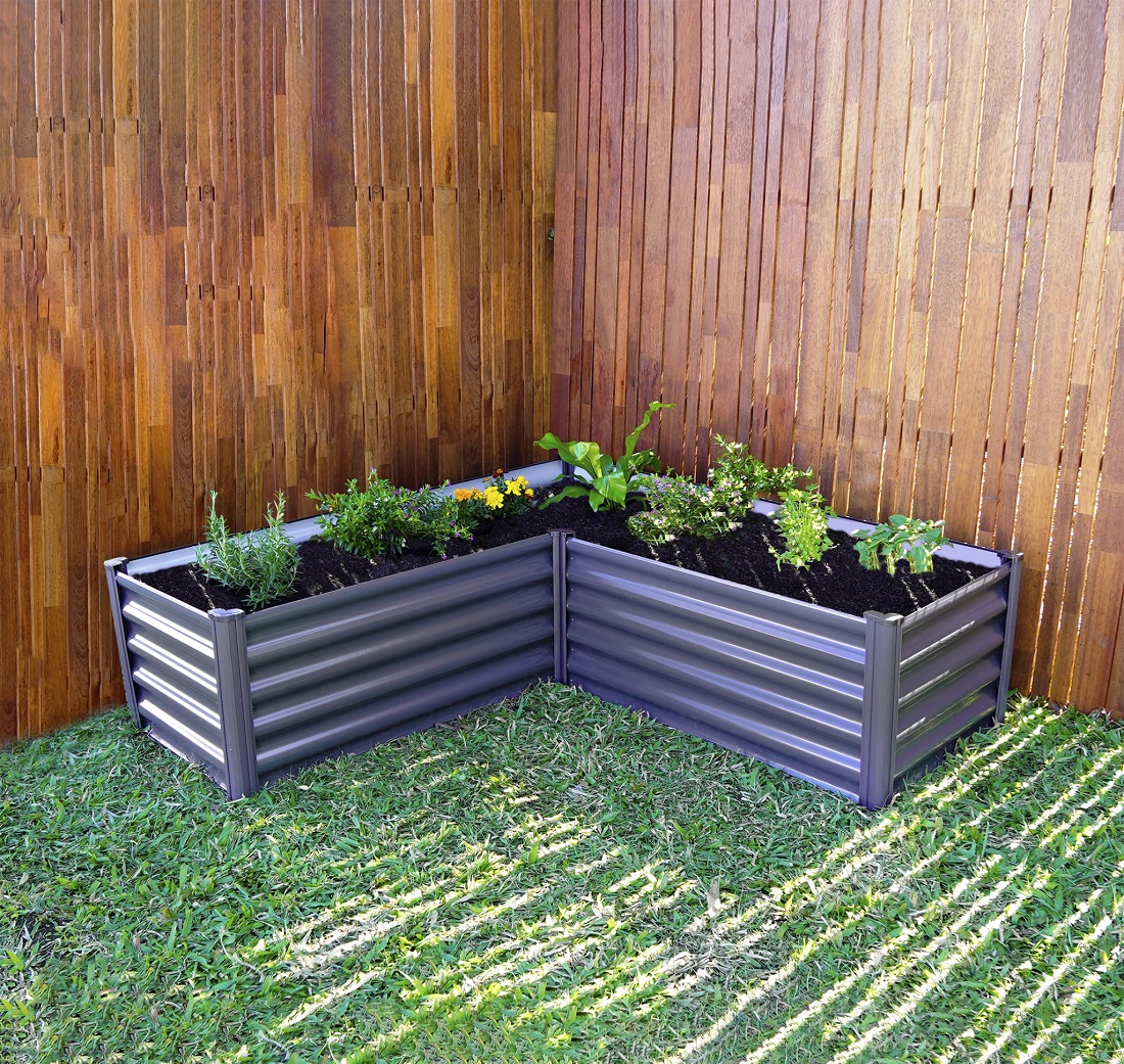Absco The Organic Garden Co 4 x 4 Foot L-Shaped Grey Steel Raised Garden Bed