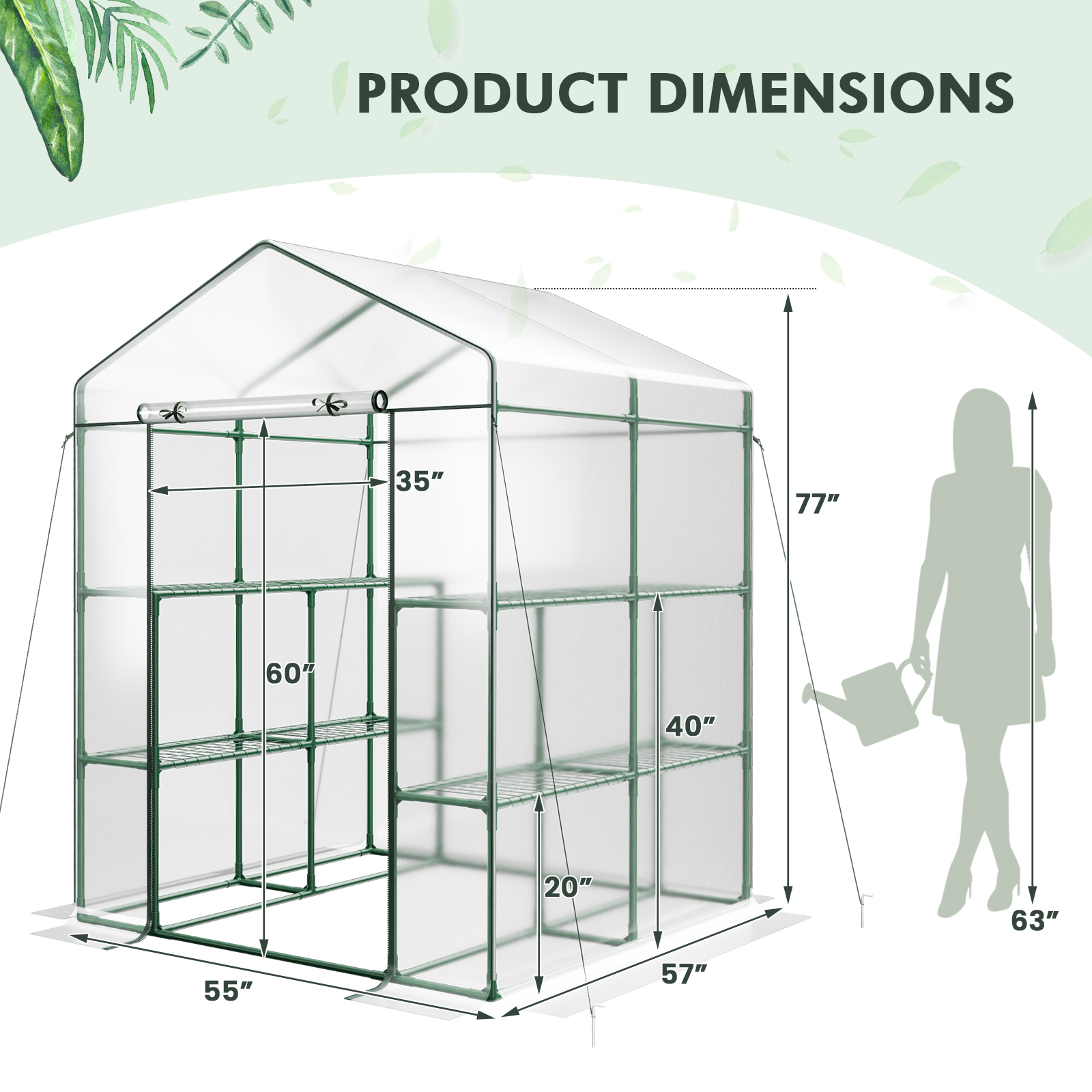 Costway 57 x 55 Inch Walk-In 3-Tier Greenhouse with Roll-Up Door